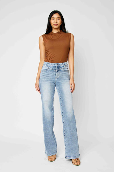 Judy Blue High Waist Front Yoke Retro Wide Leg Denim 88673-Jeans-Sunshine and Wine Boutique