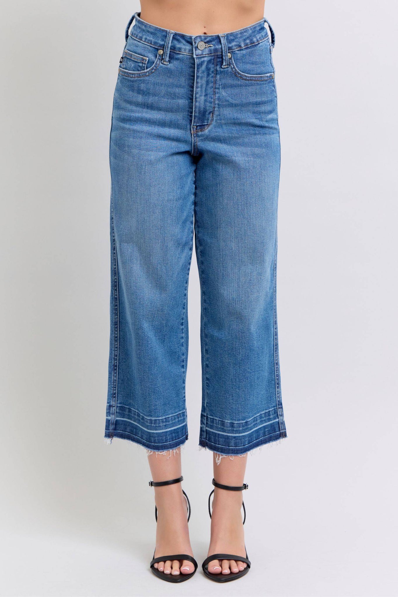 Judy Blue High Waist Tummy Control Release Hem Crop Wide Leg Denim Jeans 88875-Jeans-Sunshine and Wine Boutique