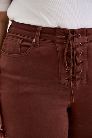 Judy Blue High Waist Cocoa Brown Lace Up Jaqueline Flare Denim Jeans 881179