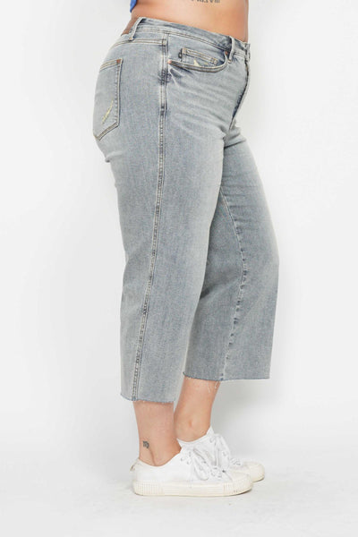 Judy Blue Mid Rise Tummy Control Raw Hem Wide Leg Crop Denim 88903-Jeans-Sunshine and Wine Boutique