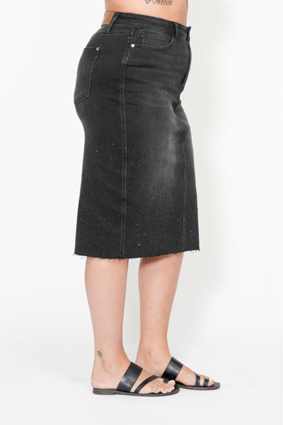 Judy Blue High Waist Rhinestone Embellished Mid Length Black Denim Skirt 2838-Jeans-Sunshine and Wine Boutique