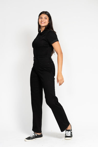 Judy Blue High Waist Garment Dyed Black Tummy Control Short Sleeve Straight Denim Jeans Jumpsuit 88853-Jeans-Sunshine and Wine Boutique