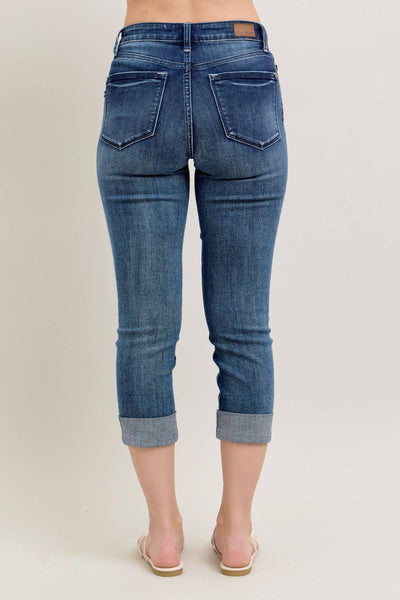 Judy Blue Mid Rise Dark Wash Cuffed Capri Denim Jeans 72121-Jeans-Sunshine and Wine Boutique