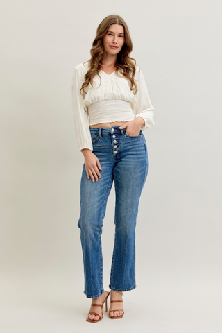 Judy Blue Mid Rise Rigid Magic Button Fly Slim Straight Denim Jeans 881011