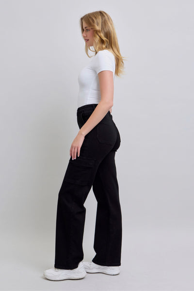 Judy Blue High Waist Cargo Wide Leg Black Denim Jeans 88886-Jeans-Sunshine and Wine Boutique