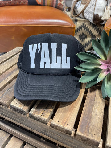 Texas True Threads Y'all Black Trucker Cap with White Glitter - Exclusive-Hats-Sunshine and Wine Boutique