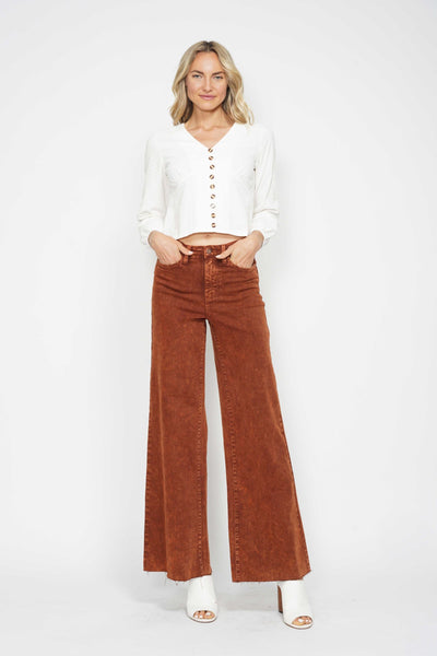 Judy Blue High Waist Garment Dyed Pumpkin Spice Raw Hem Retro Wide Leg Denim 88888-Jeans-Sunshine and Wine Boutique