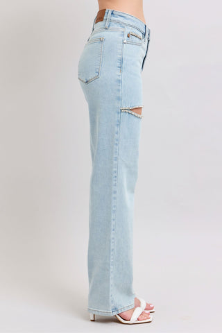 Judy Blue High Waist Rigid Magic Rhinestone Slits Detail Straight Denim Jeans 88954