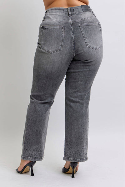 Judy Blue High Waist Rhinestone Gray Straight Denim Jeans 88919-Jeans-Sunshine and Wine Boutique