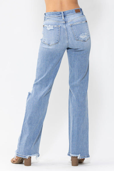 Judy Blue High Waist 90's Knee Destroy Straight Denim 82502-Jeans-Sunshine and Wine Boutique