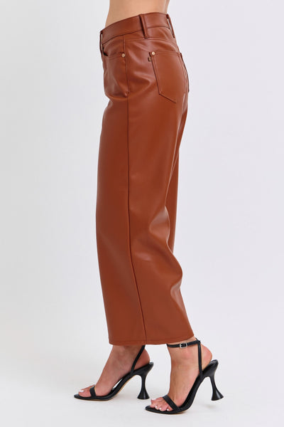 Judy Blue High Waist Tummy Control Camel Faux Leather Wide Leg Crop Denim Jeans 88900-Jeans-Sunshine and Wine Boutique