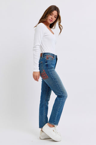 Judy Blue High Waist Plaid Patch Slim Denim Jeans 88868