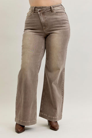 Judy Blue High Waist Retro Yarn Dyed Clay Criss-Cross Waistband Wide Leg Denim Jeans 881031