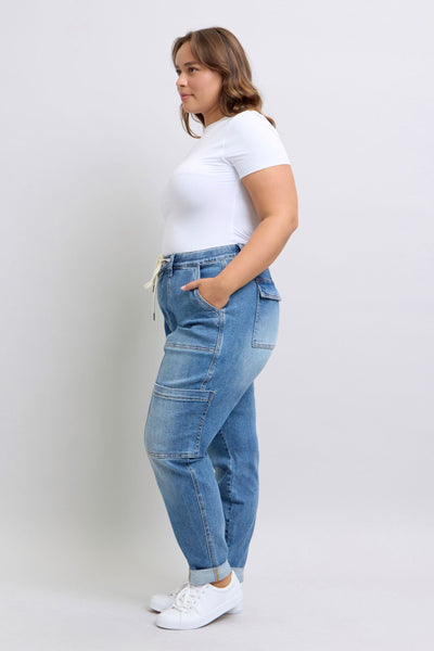 Judy Blue High Waist Cargo Cuff Jogger Denim Jeans 88909-Jeans-Sunshine and Wine Boutique