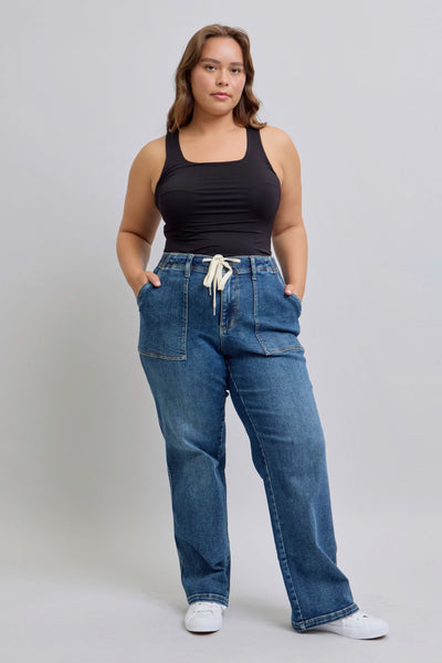 Judy Blue High Waist Drawstring Wide Leg Denim Jeans 88856-Jeans-Sunshine and Wine Boutique