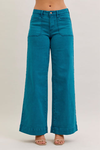 Judy Blue Mid Rise Teal Utility Wide Leg Denim Jeans 881061