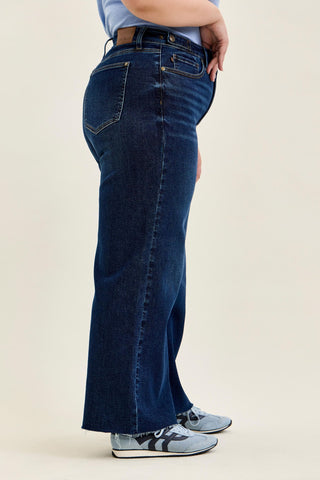 Judy Blue High Waist Adjustable Waistband Tabs Raw Hem Retro Wide Leg Denim Jeans 881114 - Petite