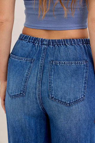 Judy Blue High Waist Featherweight Elastic Waistband Drawstring Palazzo Denim Jeans 881047