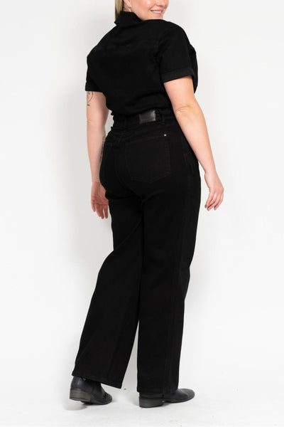 Judy Blue High Waist Garment Dyed Black Tummy Control Short Sleeve Straight Denim Jeans Jumpsuit 88853-Jeans-Sunshine and Wine Boutique