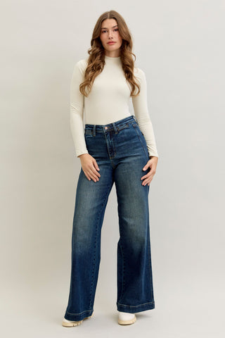 Judy Blue High Waist Front Welt Pockets Retro Wide Leg Denim Jeans 881023