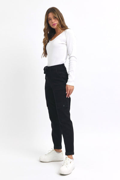 Judy Blue High Waist Cargo Cuff Black Jogger Denim 88910-Jeans-Sunshine and Wine Boutique