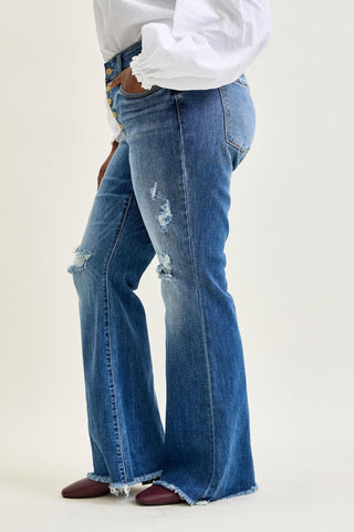 Judy Blue Mid Rise Button Fly Destroyed Fray Hem Flare Denim Jeans 82638