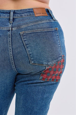 Judy Blue High Waist Plaid Patch Slim Denim Jeans 88868