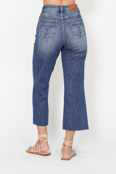 Judy Blue High Waist Back Pocket Embroidery Crop Wide Leg Denim 88873-Jeans-Sunshine and Wine Boutique