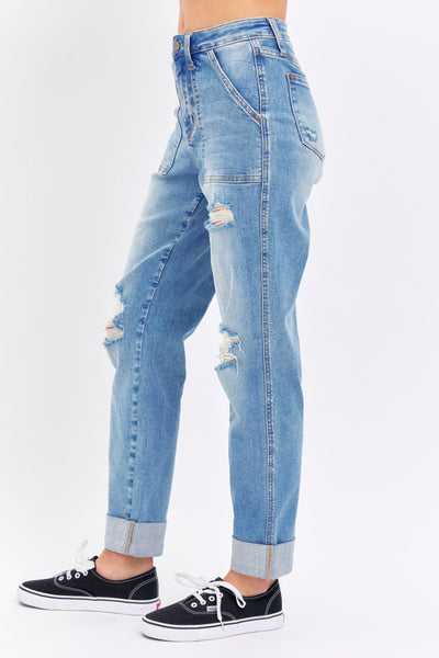 Judy Blue High Waist Patch Pocket & Destroy Boyfriend Denim 88825-Jeans-Sunshine and Wine Boutique