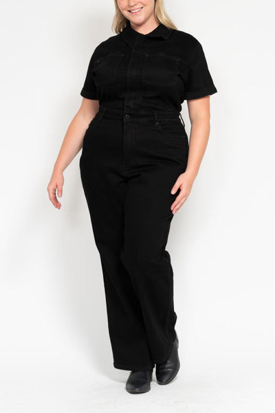 Judy Blue High Waist Garment Dyed Black Tummy Control Short Sleeve Straight Denim Jeans Jumpsuit 88853-Jeans-Sunshine and Wine Boutique