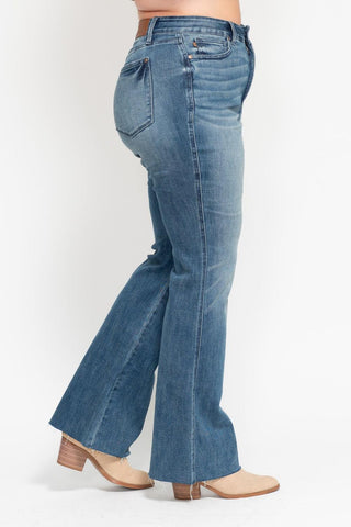 Judy Blue Mid Rise Tummy Control Vintage Wash Cut Hem Flare Denim Jeans 88472