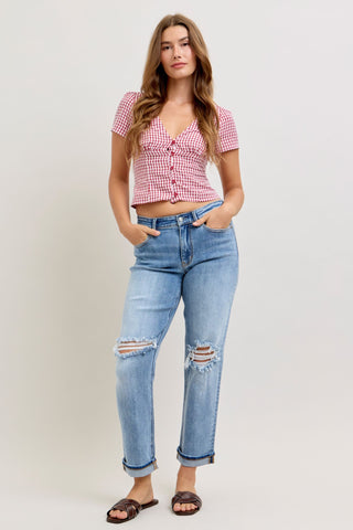 Judy Blue Mid Rise Destroyed Cuffed Boyfriend Denim Jeans 82688