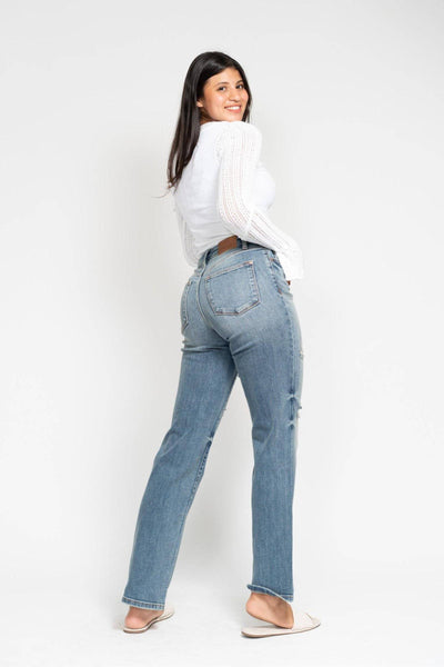 Judy Blue High Waist Harsh Tint & Destroy Straight Dad Denim Jeans 82641-Jeans-Sunshine and Wine Boutique