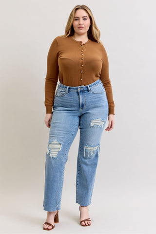 Judy Blue Mid Rise 90's Destroy Straight Denim Jeans 881010