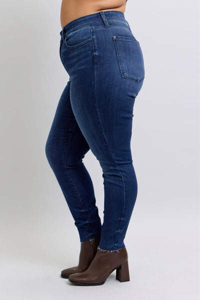 Judy Blue Mid Rise Raw Hem Skinny Denim Jeans 82628-Jeans-Sunshine and Wine Boutique