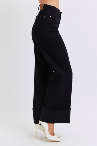 Judy Blue High Waist Retro Wide Leg Black Cuffed Denim Jeans 82617