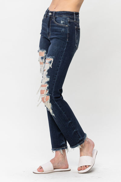 Judy Blue Mid Rise Heavy Destroy Straight Denim 82534-Jeans-Sunshine and Wine Boutique