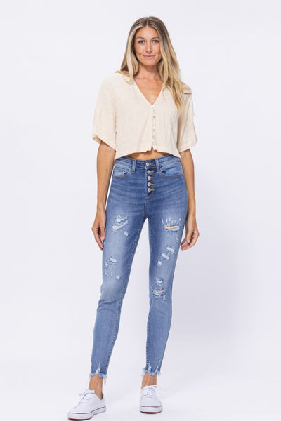 Judy Blue High Waist Destroyed Button Fly Skinny Denim 82263-Jeans-Sunshine and Wine Boutique
