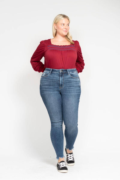 Judy Blue High Waist Destroy & Shark Bite Hem Skinny Denim Jeans 82491-Jeans-Sunshine and Wine Boutique