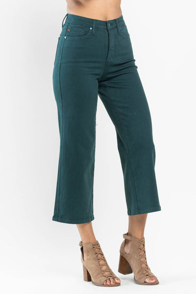 Judy Blue High Waist Tummy Control Top Garment Dyed Wide Leg Crop Teal Denim 88806 - Exclusive-Jeans-Sunshine and Wine Boutique