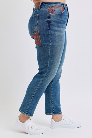 Judy Blue High Waist Plaid Patch Slim Denim Jeans 88868