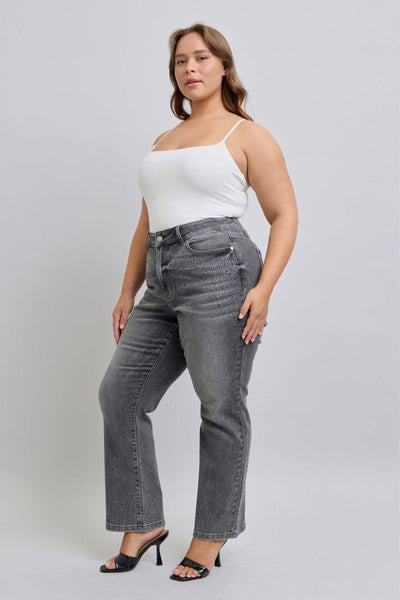Judy Blue High Waist Rhinestone Gray Straight Denim Jeans 88919-Jeans-Sunshine and Wine Boutique