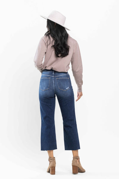 Judy Blue High Waist Knee Destroy Wide Leg Crop Denim Jeans 82593-Jeans-Sunshine and Wine Boutique