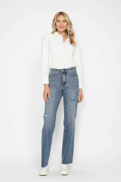 Judy Blue High Waist "Tummy Control" Raw Hem Straight Denim 88848-Jeans-Sunshine and Wine Boutique