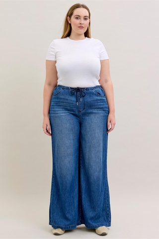 Judy Blue High Waist Featherweight Elastic Waistband Drawstring Palazzo Denim Jeans 881047