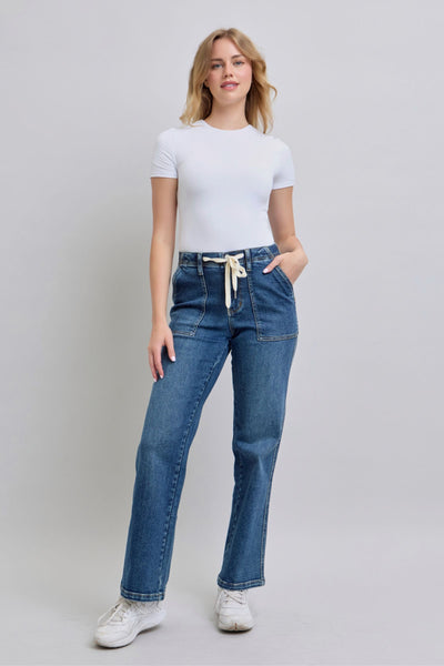 Judy Blue High Waist Drawstring Wide Leg Denim Jeans 88856-Jeans-Sunshine and Wine Boutique