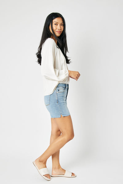 Judy Blue Mid Rise Cutt Off Denim Short 15251-Shorts-Sunshine and Wine Boutique