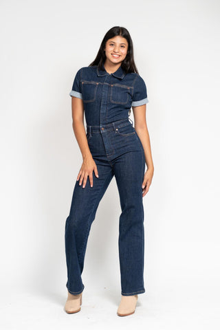 Judy Blue High Waist Tummy Control Short Sleeve Straight Denim Jeans Jumpsuit 88835-Jeans-Sunshine and Wine Boutique