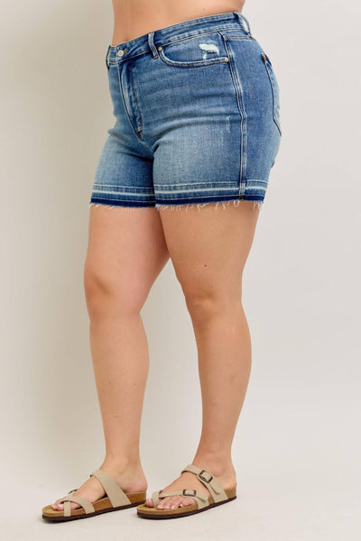 Judy Blue Mid Rise Tummy Control Vintage Wash Release Hem Denim Short 150299-Shorts-Sunshine and Wine Boutique