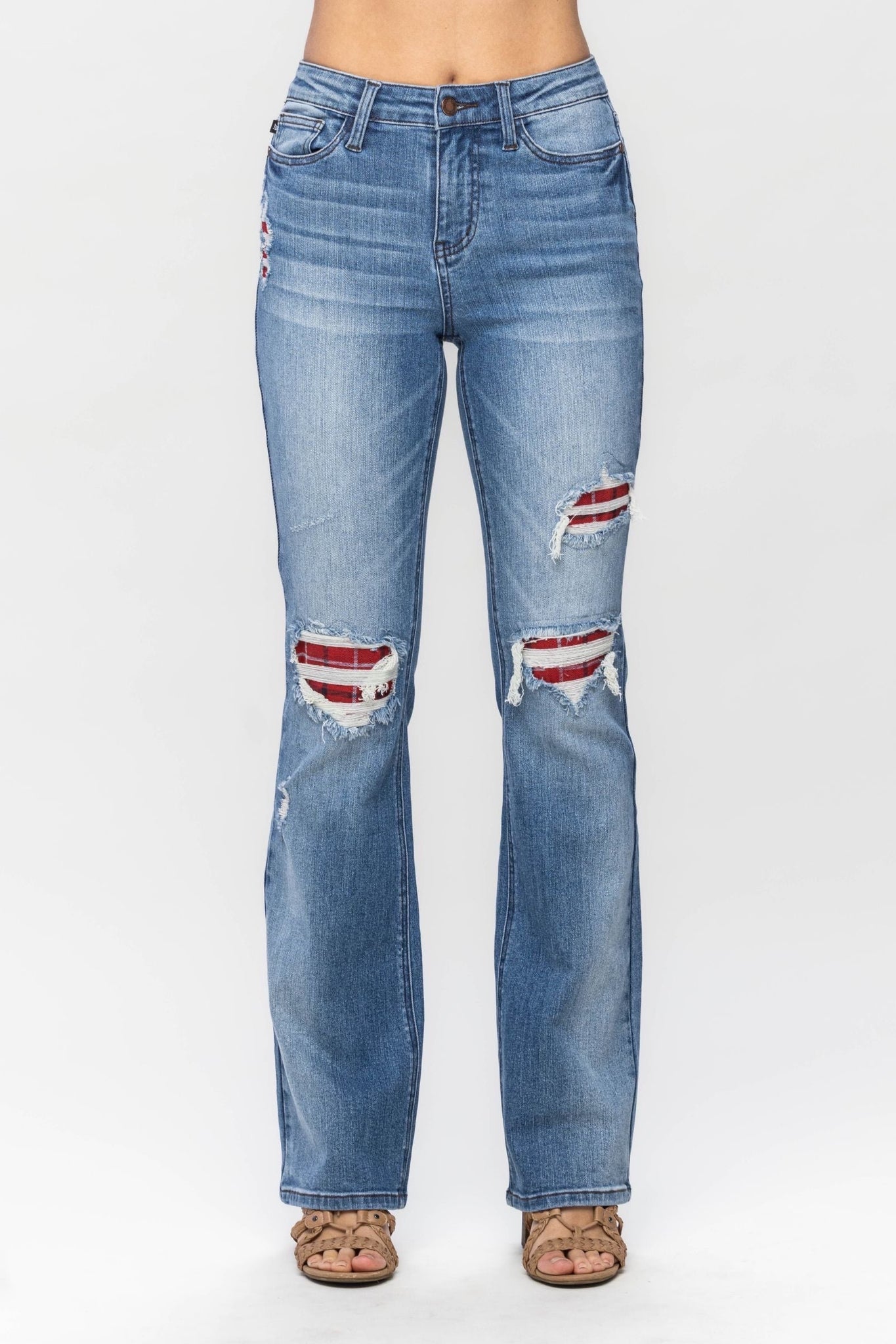 Judy Blue Mid Rise Bootcut Jeans With Plaid Patch Detail 88696 - Exclusive-Jeans-Sunshine and Wine Boutique